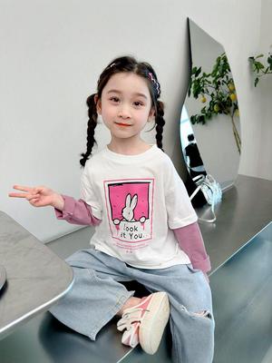 2025 Girls' Cartoon Print Long-Sleeve Faux Two-Piece T-Shirt for Spring & Autumn