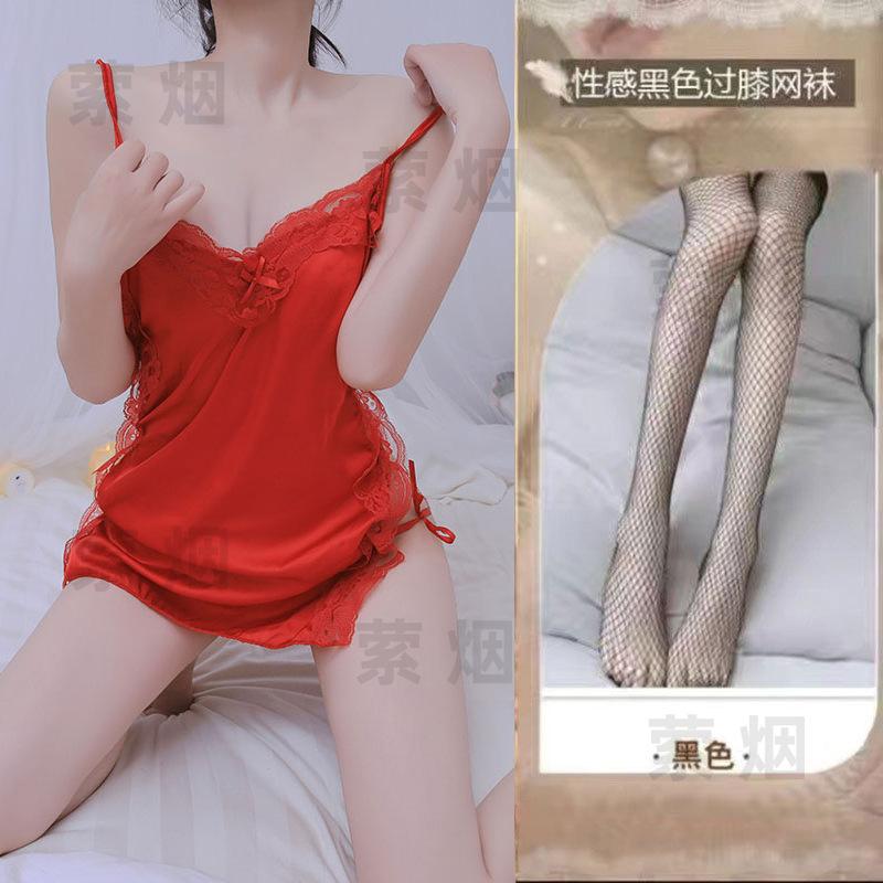 Sex underwear bed sexy temptation suspender skirt side strap satin hollow small chest nightdress