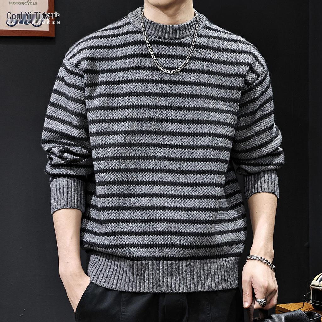 2025 Men's American-Style Striped Knit Sweater: Round Neck, Thick, Plus Size, Warm Autumn/Winter Layer
