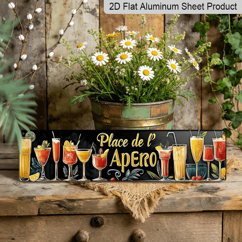 Retro Metal Sign "Place De L'Apero" - Vintage Wall Decoration for Home, Bar, Café, | Colorful Cocktail Design, 10.16 X 40.64 Inches | Perfect for