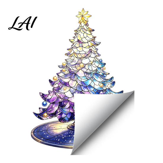 Colorful Tree Wall Art Stained Glass Style Christmas Static Window Cling Gradient Starry Sky Decorative Atmosphere Accents Xmas Sticker Reusable PVC