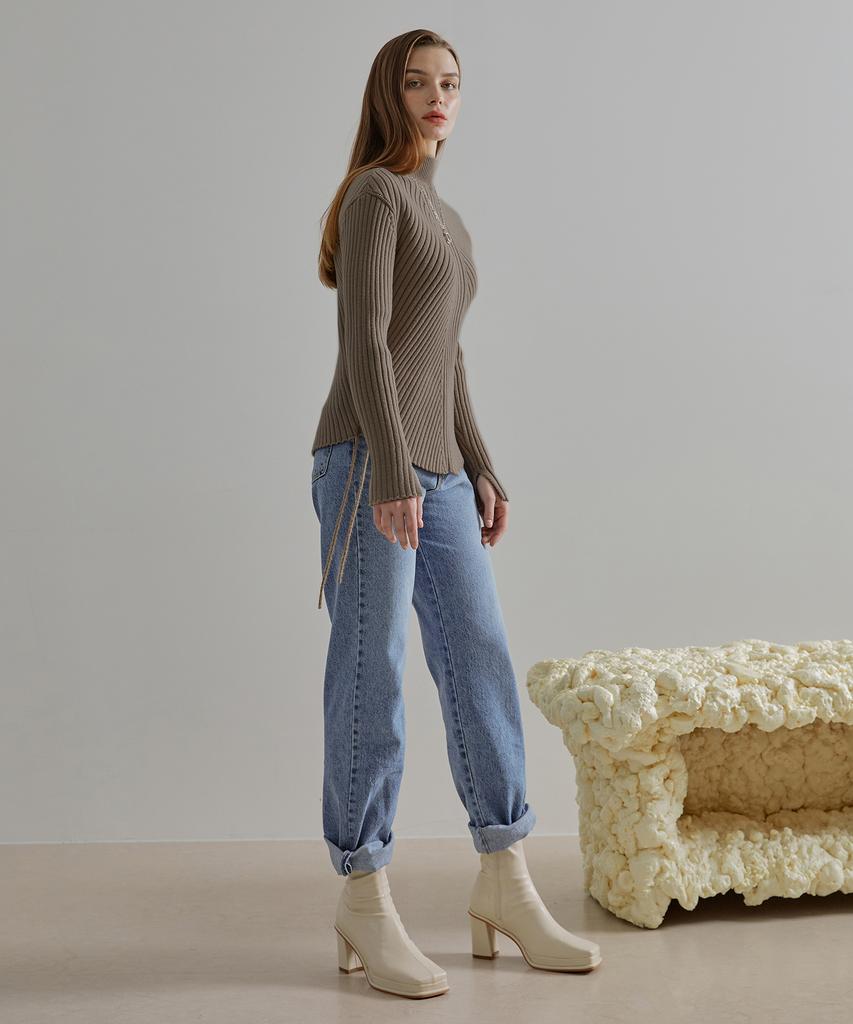 ETMON Slit Sleeve Side Strap Knit Top Mocha