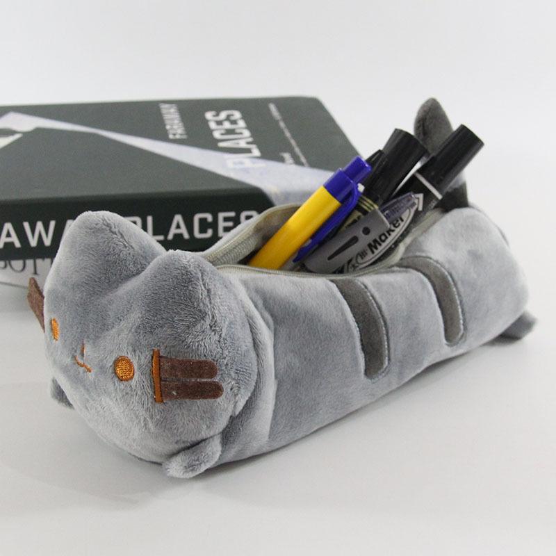 Anime Striped Chubby Gray Cat Plush Toy Pencil Case Student Cartoon Cute Cat Stationery Box Gift Storage Bag for Friends