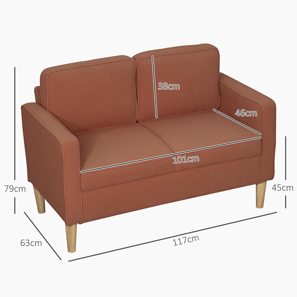 2-Seater Sofa with Storage and Solid Wooden Legs, for Living Room, Bedroom, 117 x 63 x 79 cm, Orange