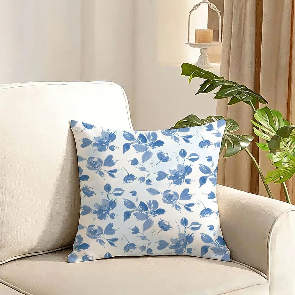 Elegant Blue Floral Cushion Cover Reversible Plush Pillow Cover Soft Fluffy Home Decor for Sofa Bedroom