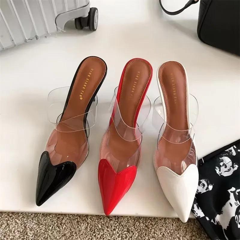 Fashion 2024Patent Leather PVC Pumps Stiletto Sandals Pointed Toe  Straps Heart Detailing At the Toes High Heel Slippers Wedding Shoes
