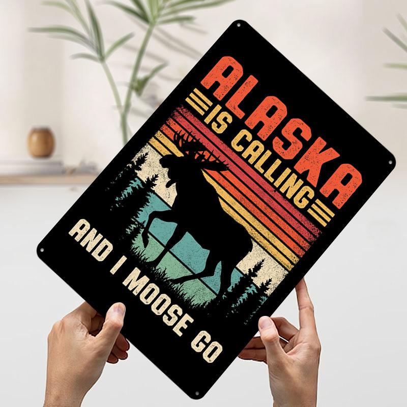 Alaska Moose Retro Travel Poster Customized Vintage Metal Signs Wall Art Retro Tin Plaque for Mancave Decoration Room Desk Decor