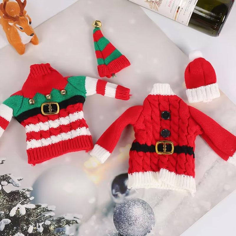 1Set Knitted Clothing Sweet Bottle Decoration Ambience Decoration Acrylic Christmas Red Striped Pattern Champagne Protector