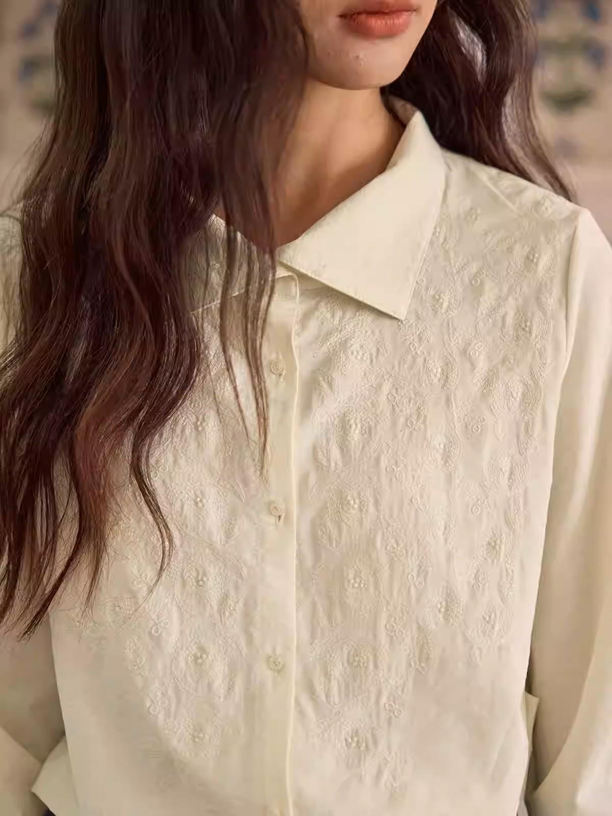 Solighter Women s Retro Embroidered Long Sleeve Shirt - Spring 2026 Small миндальный/бежевый