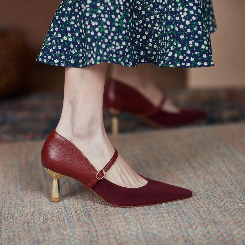 Burgundy Single Shoes Women's One-button Retro Mary Jane Shoes Shallow Mouth Gentle Shoes Pointed Thin Heel Temperament High Heels