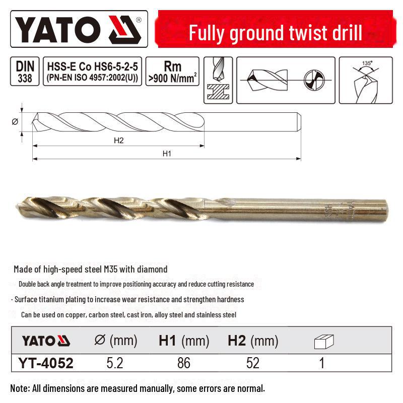 

Сверло спиральное Yiertuo из быстрорежущей стали с кобальтом для металла и нержавеющей стали, цилиндрический хвостовик, размеры 3-16. 5.2x86mm