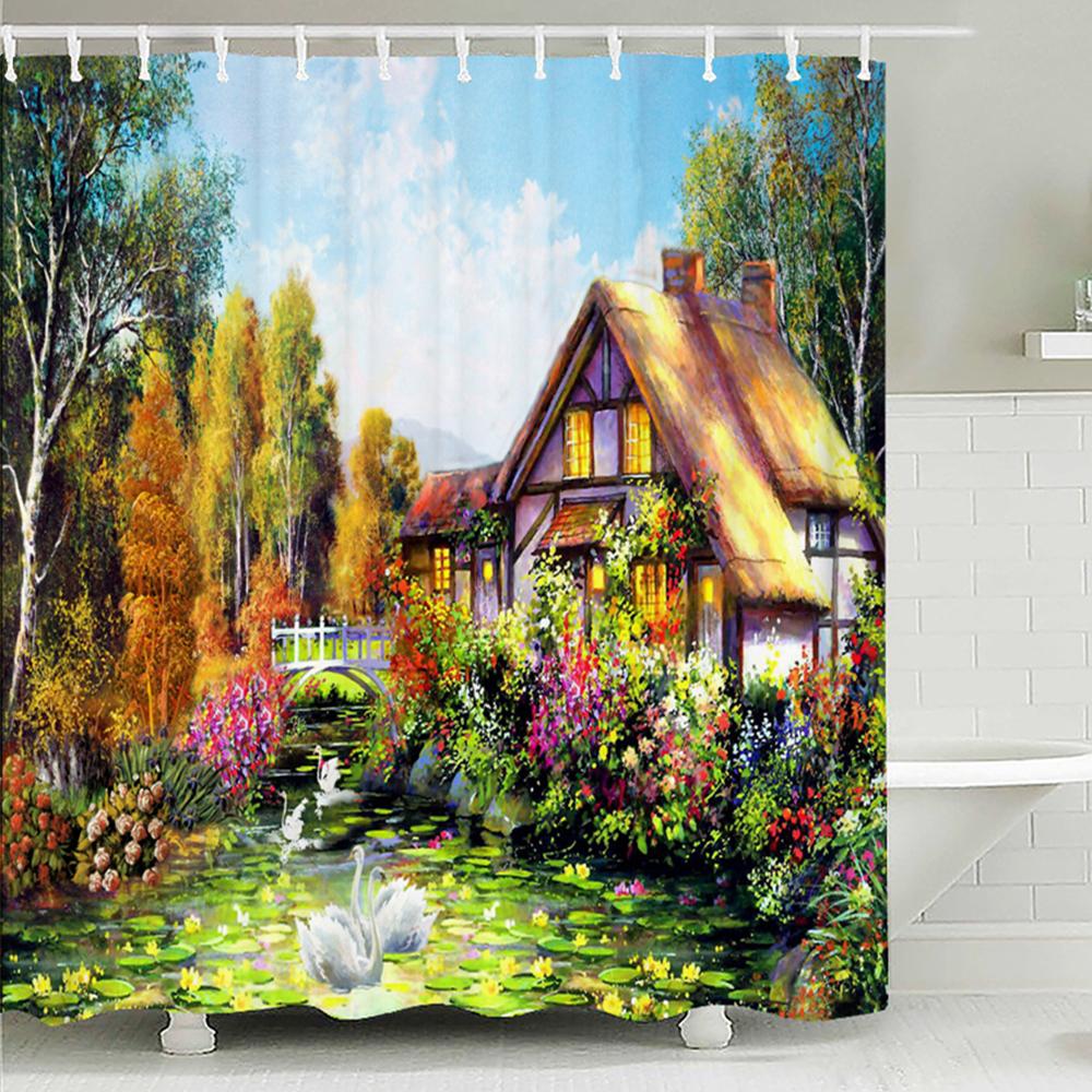 Fairy Tale Dream Forest Garden Shower Curtain Waterproof Fabric Bathroom Curtains Oil Painting Landscape Bath Screens With Hooks