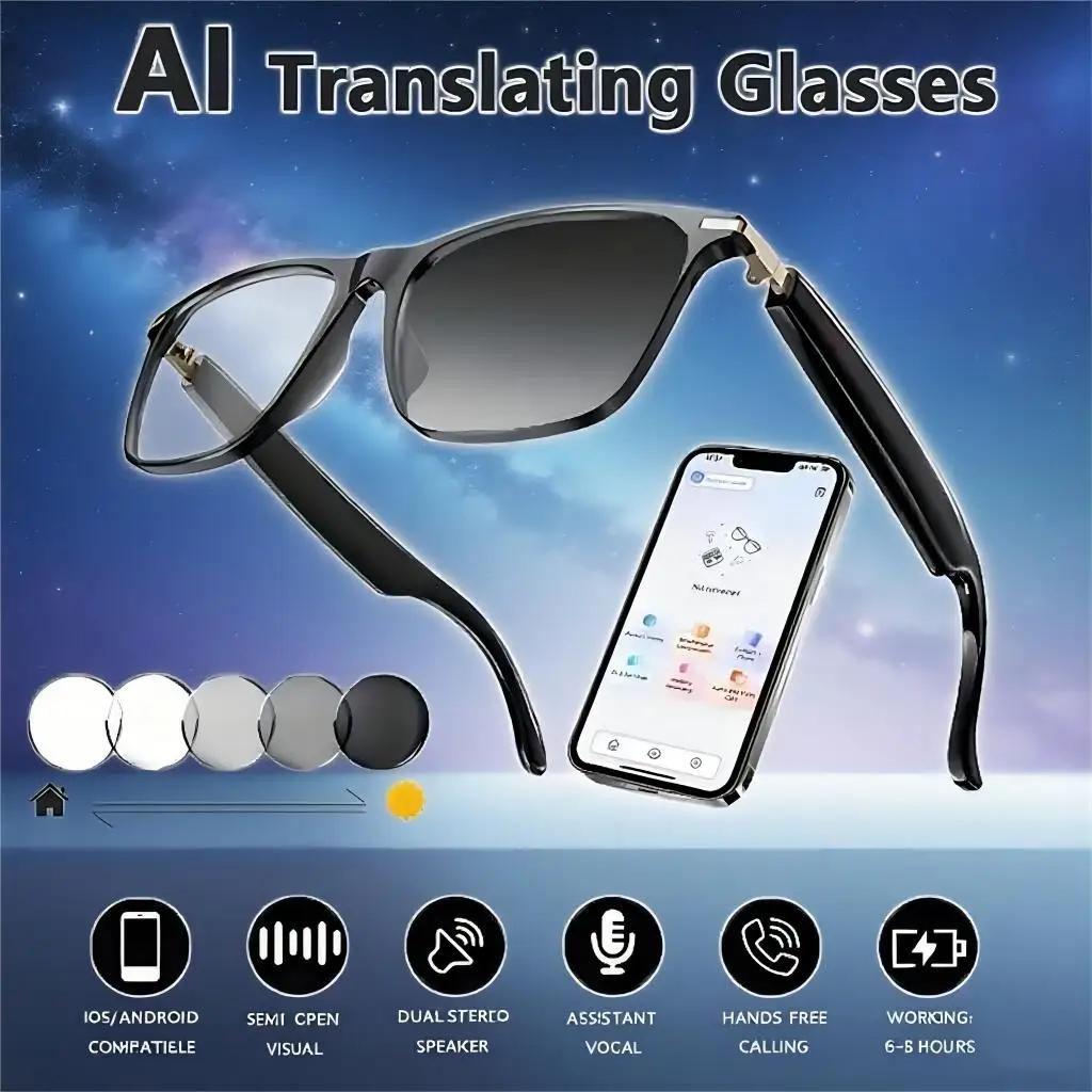 2026 AI Translation Smart Glasses with Photochromic Lenses Support 160+ Languages Real-time Translation Dual-speaker ENC Call Wireless Music Playback