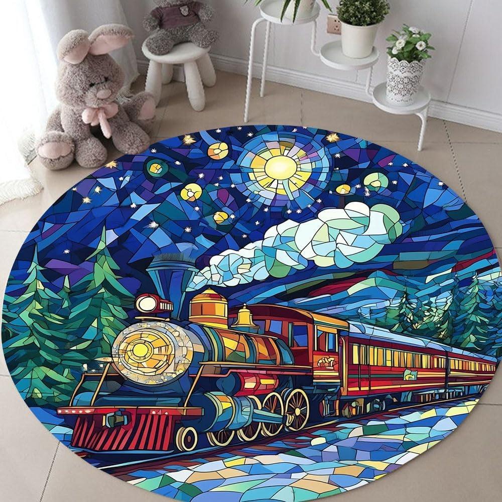 Colorful Mosaic Design Train Pattern Round Carpet Steam Train Fantasy Starry Sky Floor Decor Rug Absorbent and Non-slip Mat