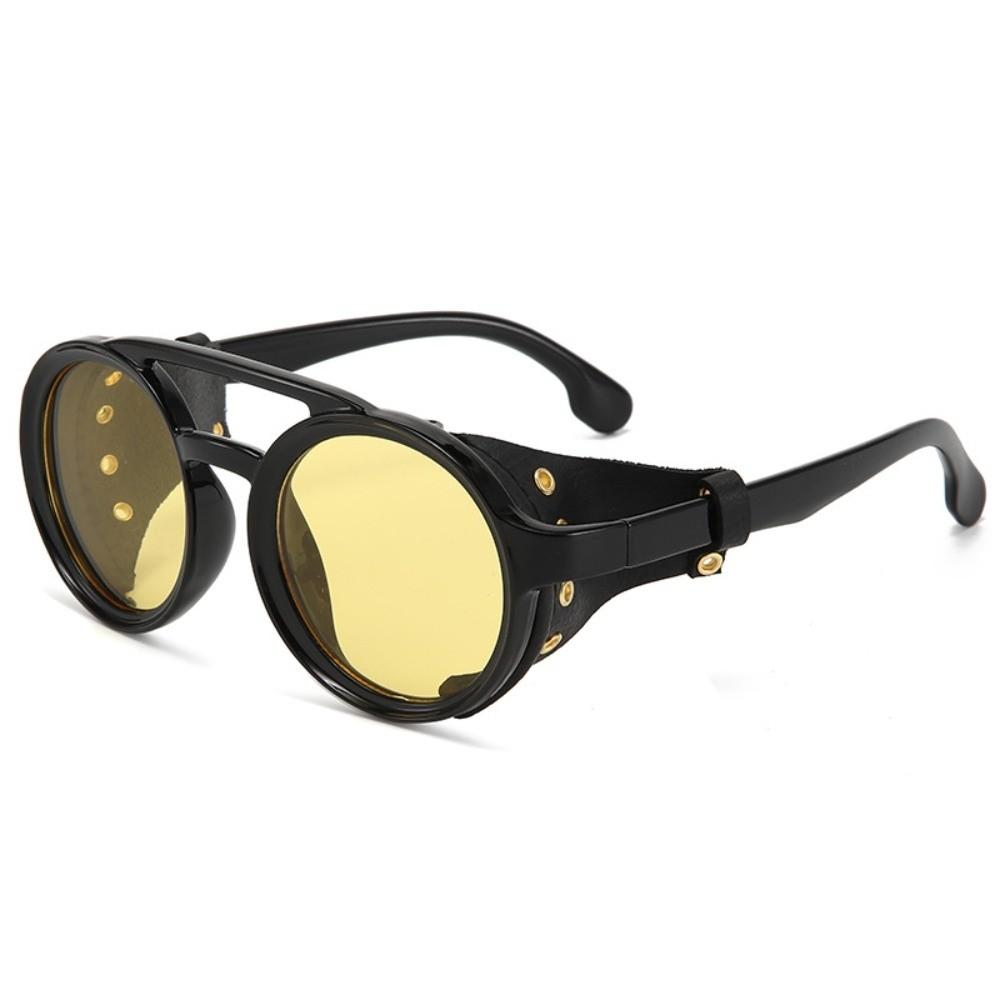 Leather Side Retro Round Glasses Polarizing Night Vision Anti Wind Steampunk Sunglasses Lightweight Circular Frame