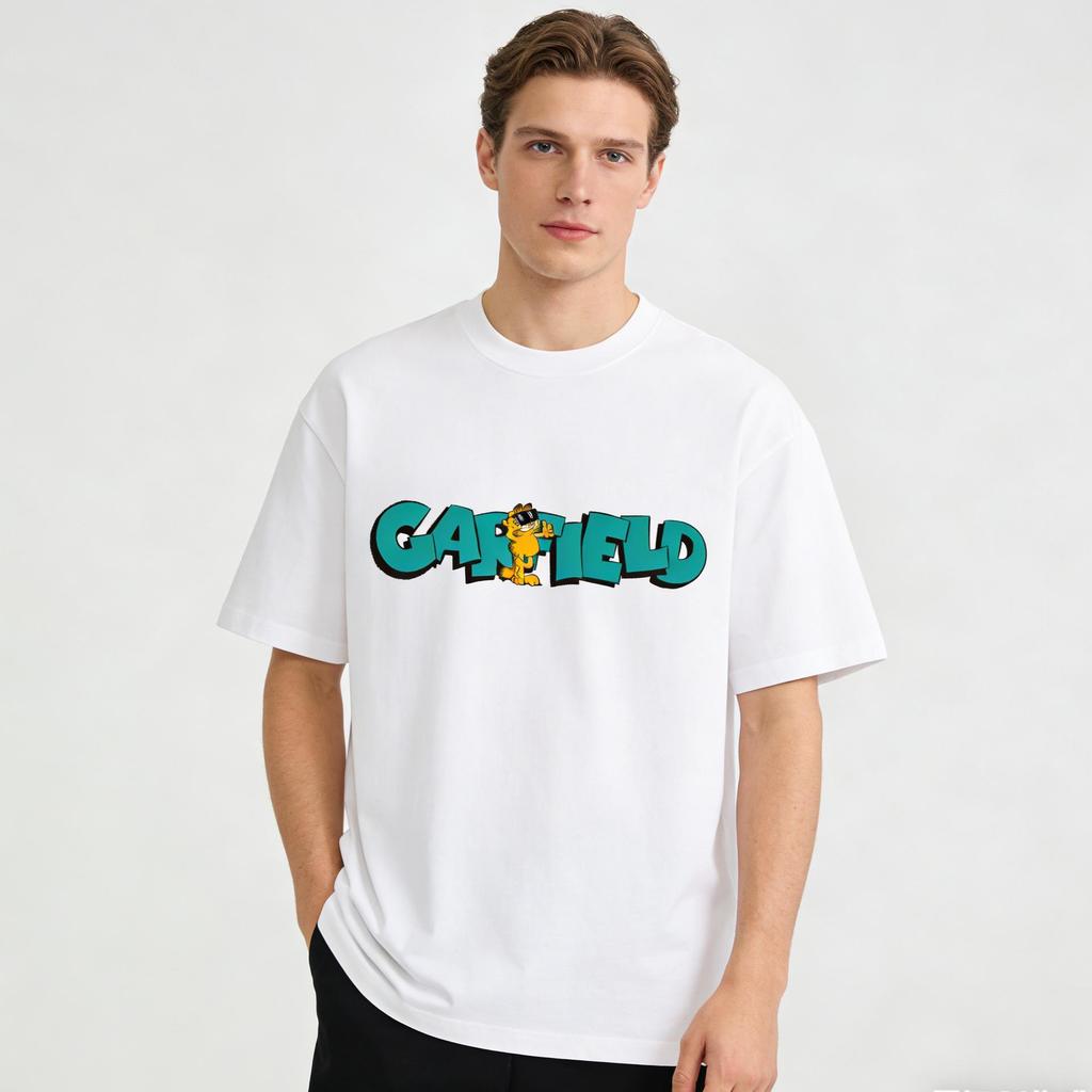 Garfield "GARFIELD" Lake Blue Letter Print Short Sleeve T-Shirt, American Streetwear Brand Heavyweight Cotton Loose Fit Oversized Couple Top