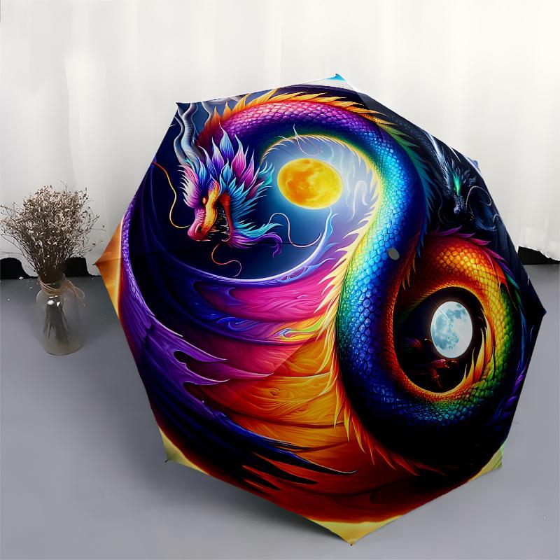 Colorful Dragon Yin Yang Symbol Circular ArtPrint PosterUmbrella, Portable 3-Fold Compact Umbrella for Men & Women Gift