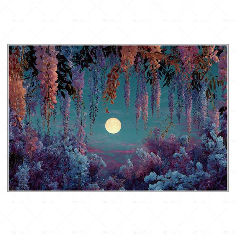 Backdrop with Mountain View, Waves, Pink Flower Field and Natural Landscape for Adult Birthday Party Decoration379