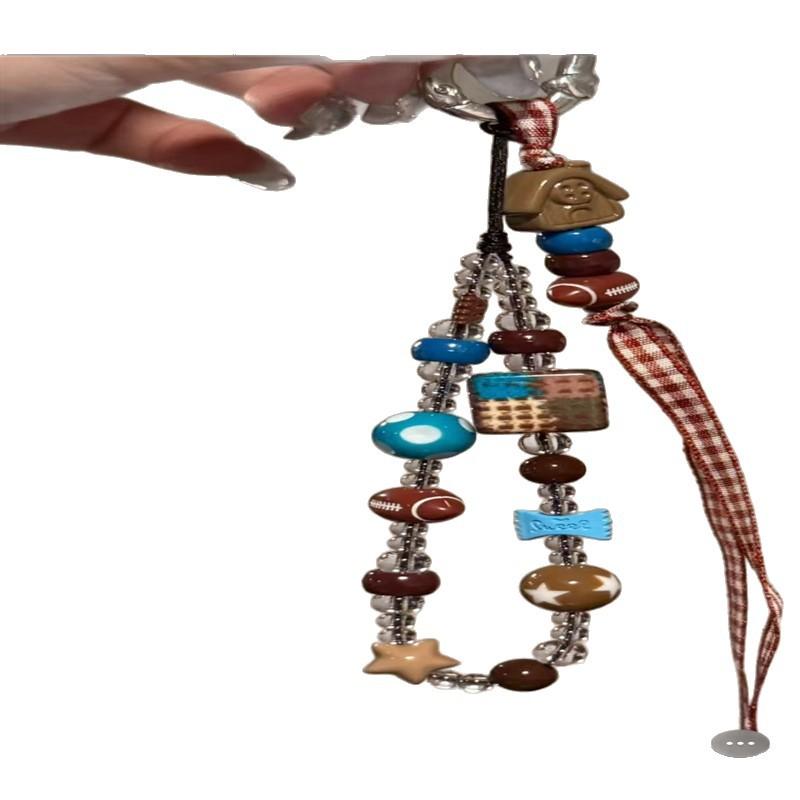 Ins Style Phone Chain Brown Square Rugby Phone Case Lanyard DIY Beaded Camera Chain Phone Anti-Lost Strap