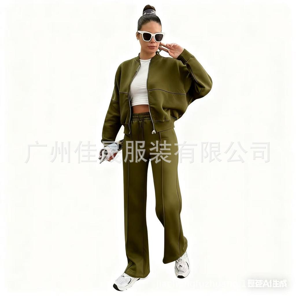 Women Casual Sporty Tracksuit Set Short Sleeve Zip Up Jacket High Waist Wide Leg Pants Loungewear