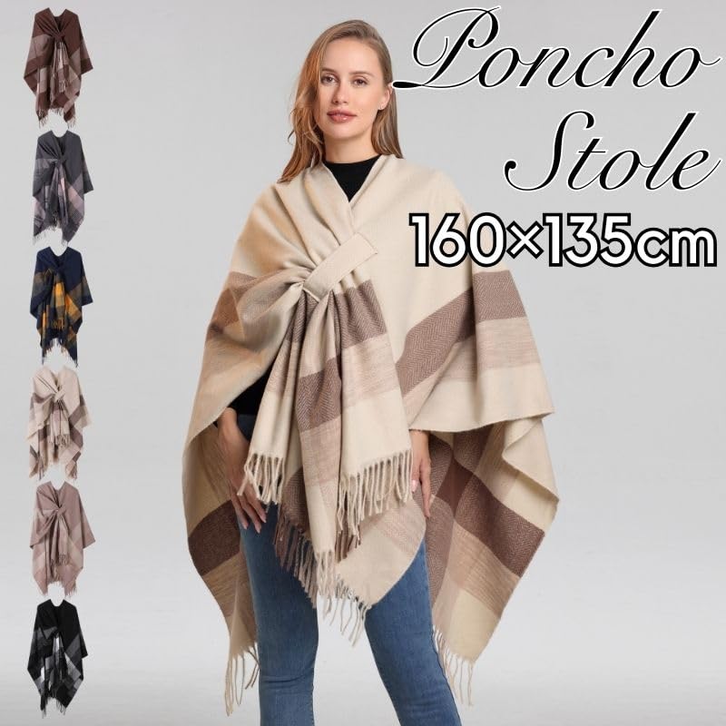 Checked Poncho Spring Outerwear for Air Conditioning Sizes EMY-li Women's Coat/Cape, (Gray, 160-135cm)