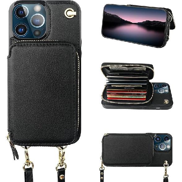 Bocasal Crossbody Wallet Case for iPhone 13 Pro Max, RFID Blocking Leather Purse Case with Card Holder, Protective Handbag Flip Cover with Zipper