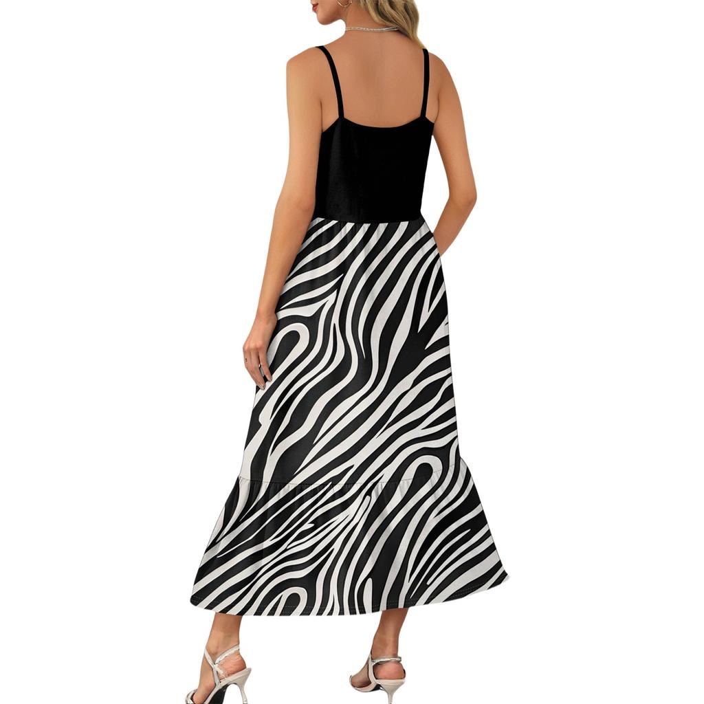 Women's Long Beach Casual Elegant Spaghetti Strap Maxi Dress Striped Low-key Flowing Bohemian Dress