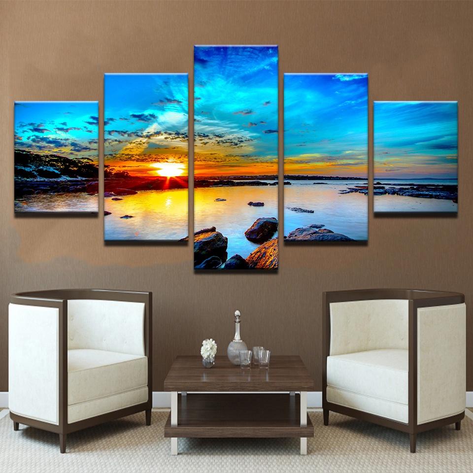 5 Stück Bedrucktes Modulares Bild Leinwandmalerei Gehen Blauer Himmel Küste Sonnenaufgang Meeresriff Landschaftsposter Wandkunst Wohnzimmer Dach