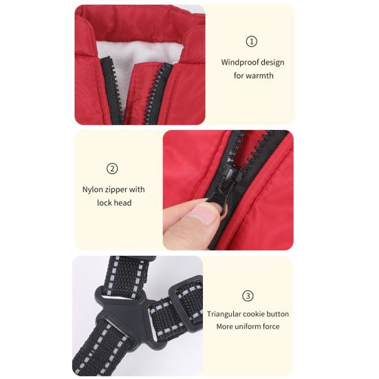 Dog Winter Coat with Zipper Padded Waterproof Jacket Harness Thickened Windproof Snow Jacket