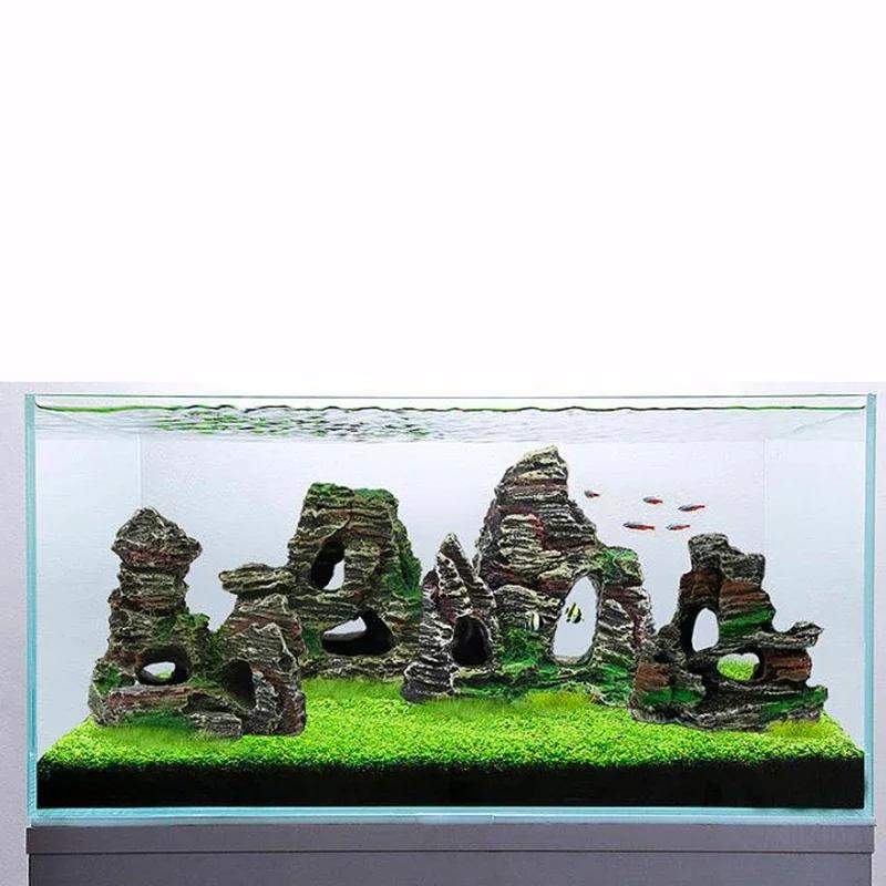 Small Aquarium Rockery Mountain View Rock Cave Stone Tree Fish Tank Ornament Decoration Aquarium Accessories Yellow Mountain