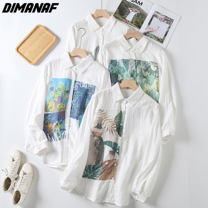 

DIMANAF 2023 Летняя стильная блузка Повседневная льняная рубашка с узором Женская белая свободная рубашка с длинным рукавом