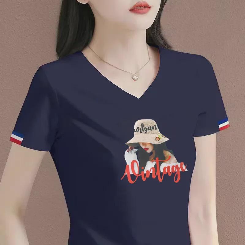 Women's V-Neck Cotton T-Shirt - Summer 2025 Collection, Short-Sleeved, Loose Fit.
