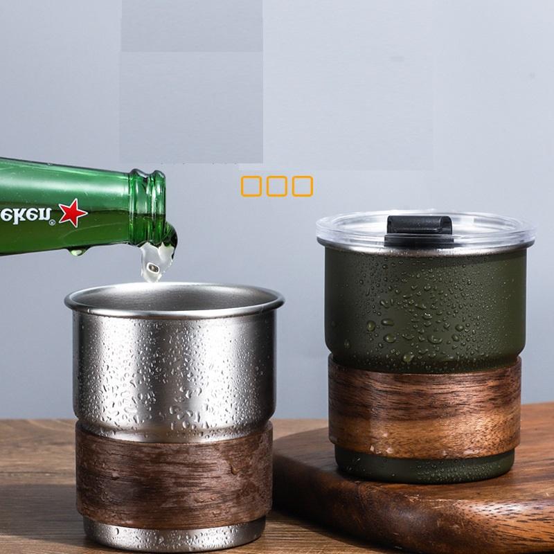 New Cute Tea Beer Cups Single Wall 300ml Color Steel Camping Coffee Mug Wooden Ring Decor