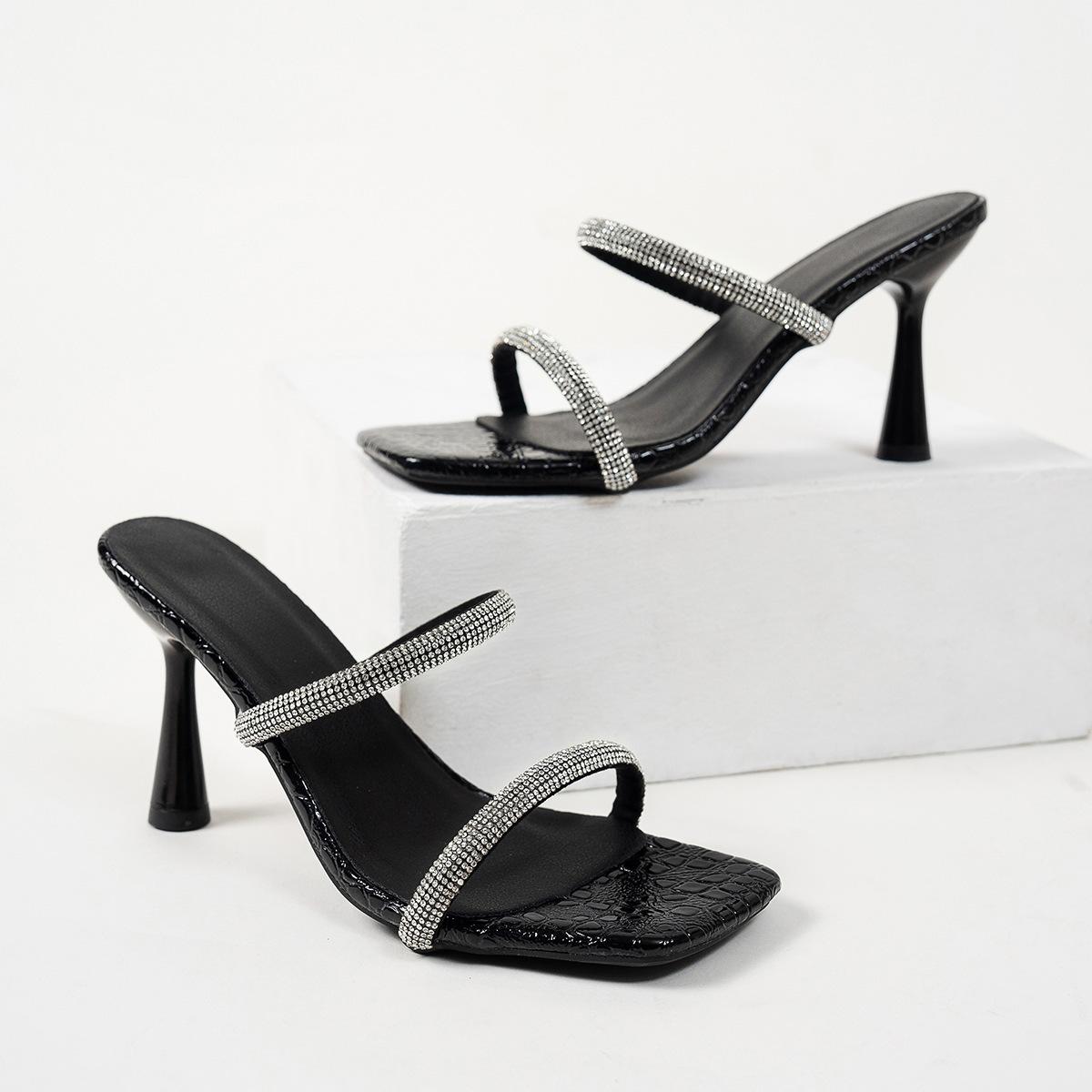 

2025 summer new wind one-word rhinestone women s large size thin heel square head cool slippers 43 чёрный