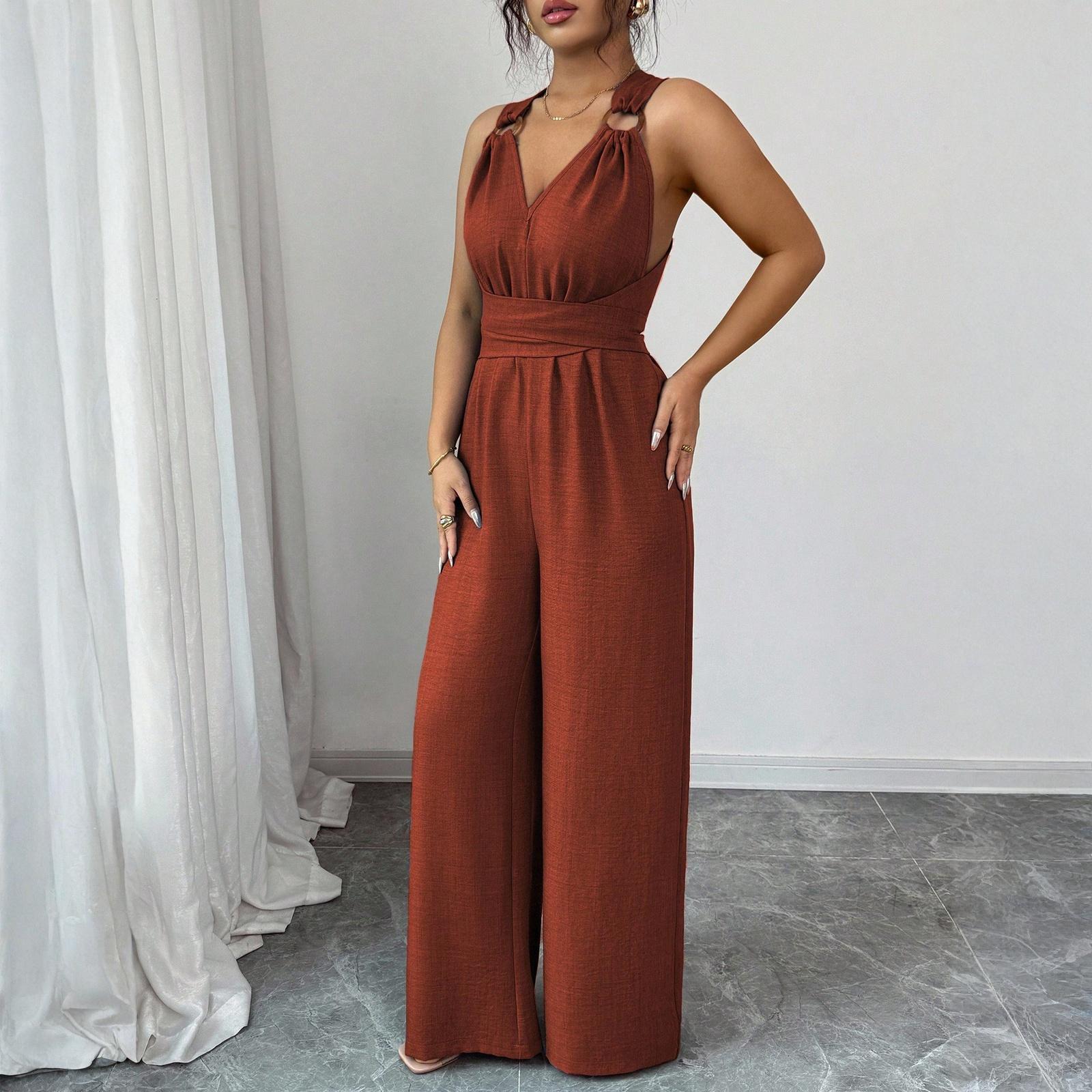 

Ladies Casual Hanging Neck Cross Exposed Waist Cinched Versatile Sleeveless Jumpsuit XL Кіновар
