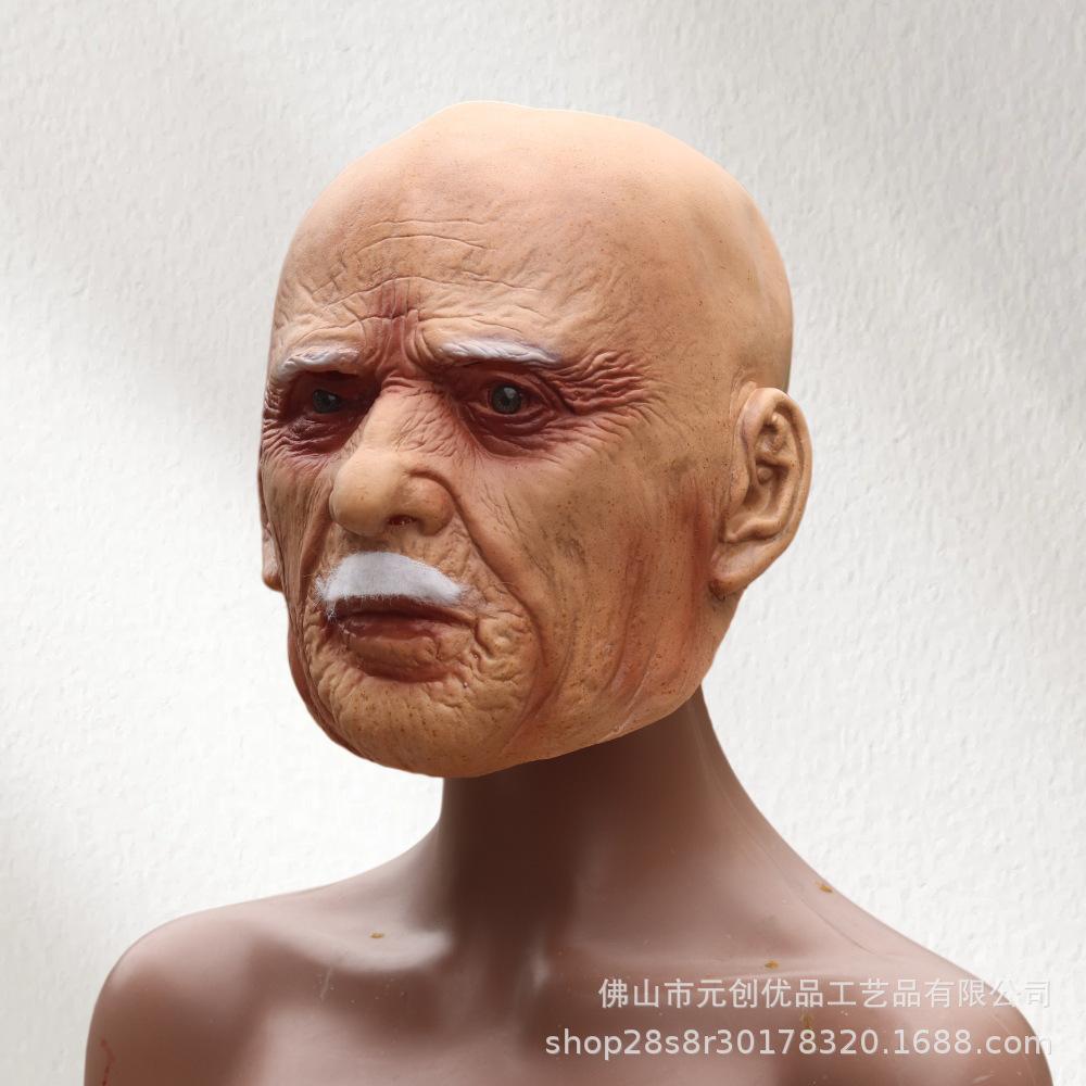 Halloween realistic old man mask, latex headgear, bald white-bearded old man, funny prank prop for party costume White-bearded bald old ma