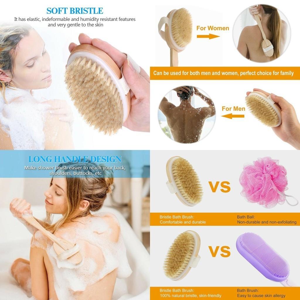 Luxurious Natural Bristle Shower Back Scrubber With Long Wooden Handle For Smooth Skin