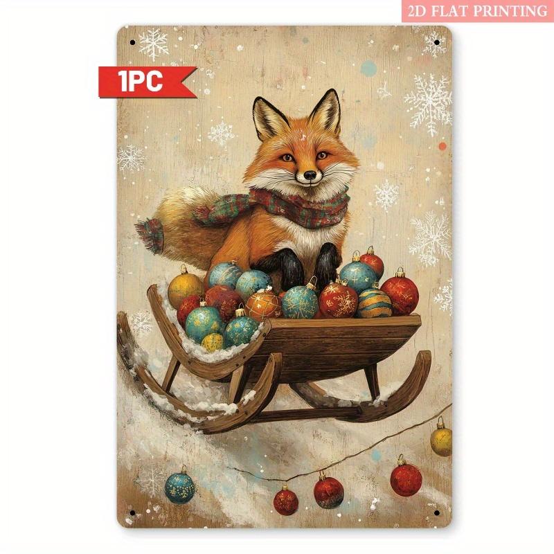2D Flat - A 2D Flat Piece, a Metal Decorative Sign Featuring a Christmas Fox on a Sled, Measuring 8X12 Inches with a Vintage Aesthetic, Perfect for Wi