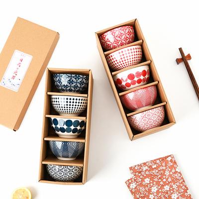 Set of 5 Bowls Ceramic Dinner Bowls 4.5inch Blue Porcelain Rice Soup Oatmeal Bowl with Gift Box Microwave Safe