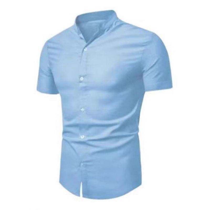 Men Slim Fit Short Sleeve Mandarin Collar Shirt Button Down Casual Business Top