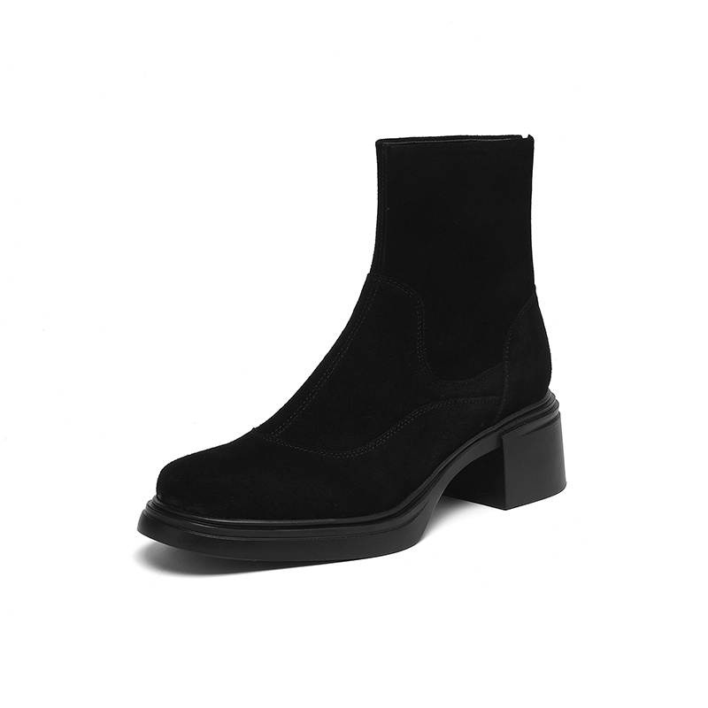 Krazing Pot Cow Suede Nubuck Round Toe Thick Heels Chelsea Boots Size 42 Concise Style Women Keep Warm Ankle Boots