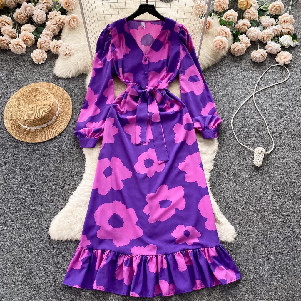 Fashion Flower Print Γυναικείο Φόρεμα Φθινοπωρινό Κομψό Vintage Επίδεσμος Μακρύ μάξι Φόρεμα με βολάν πάρτι Vestidos