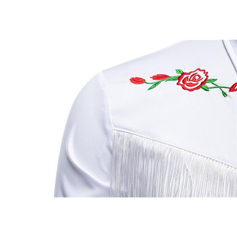 Spring New Fashion Tassels Design Men's Long Sleeve Shirt Embroidery Costume Performance Shirts Male Party Nightclub Shirt