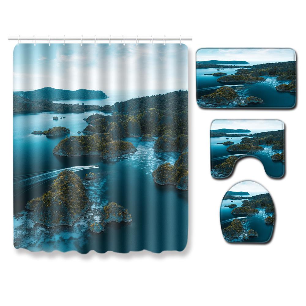 

Landscape Print Shower Curtain Floor Mat Set 4 Pieces Bathroom Toilet Carpet Shower Room Mat Foot Pads Toilet Seat Mat Set A