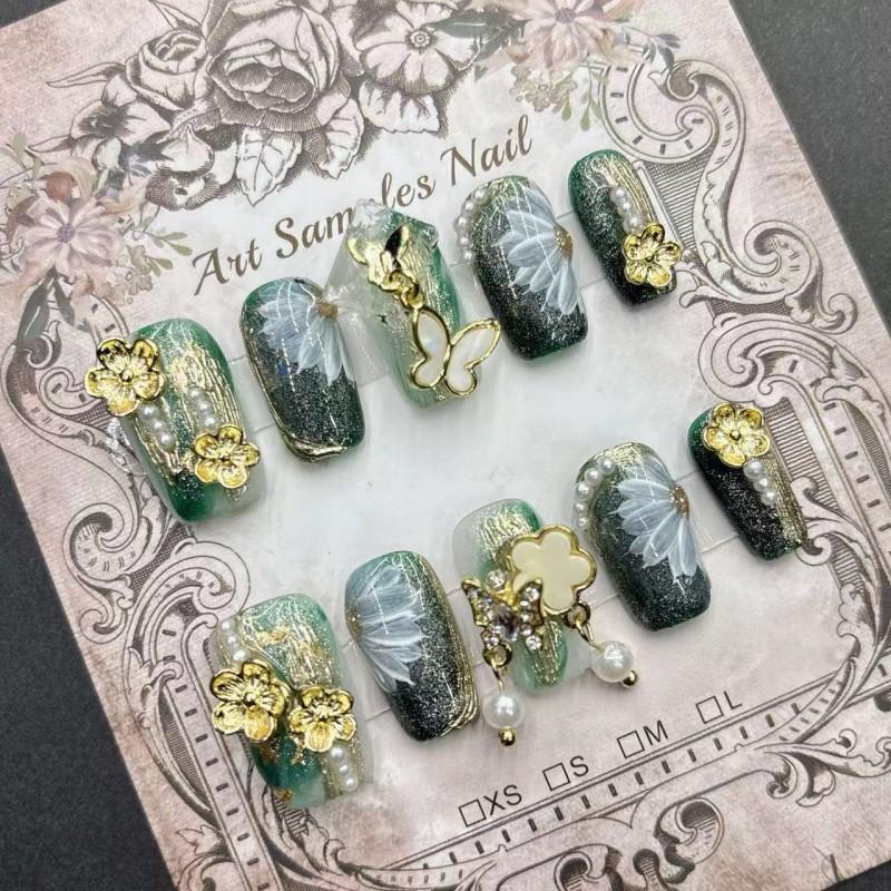 Unghie Finte Corti Artigianali In Stile Chic Trendy Verde per Donne Fai-da-te Unghie Indossabili Con Motivi Floreali Farfalla Croce