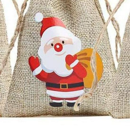 Santa Claus Burlap Drawstring Gift Bags - Small Christmas Party Candy Pouches
