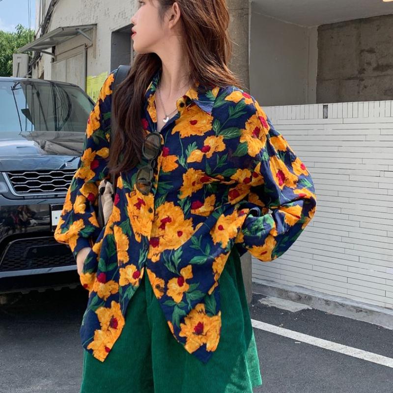 Cămașă subțire cu mâneci lungi pentru femei, cu modele florale, în stil Hong Kong, retro chic și elegantă, top larg popular pe Ins