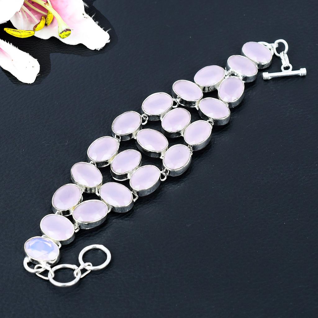 Pink Chalcedony Gemstone Handmade 925 Sterling Silver Bracelet 7-8" KG-386