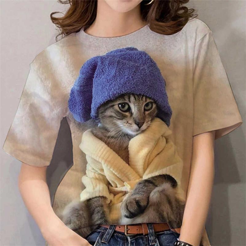 Women s Casual Fashion Y2k Tops Summer 3D Cute Animal Cat Print Short Sleeve Tees O-neck Funny Tops Female Tshirt Kawaii Clothes 100