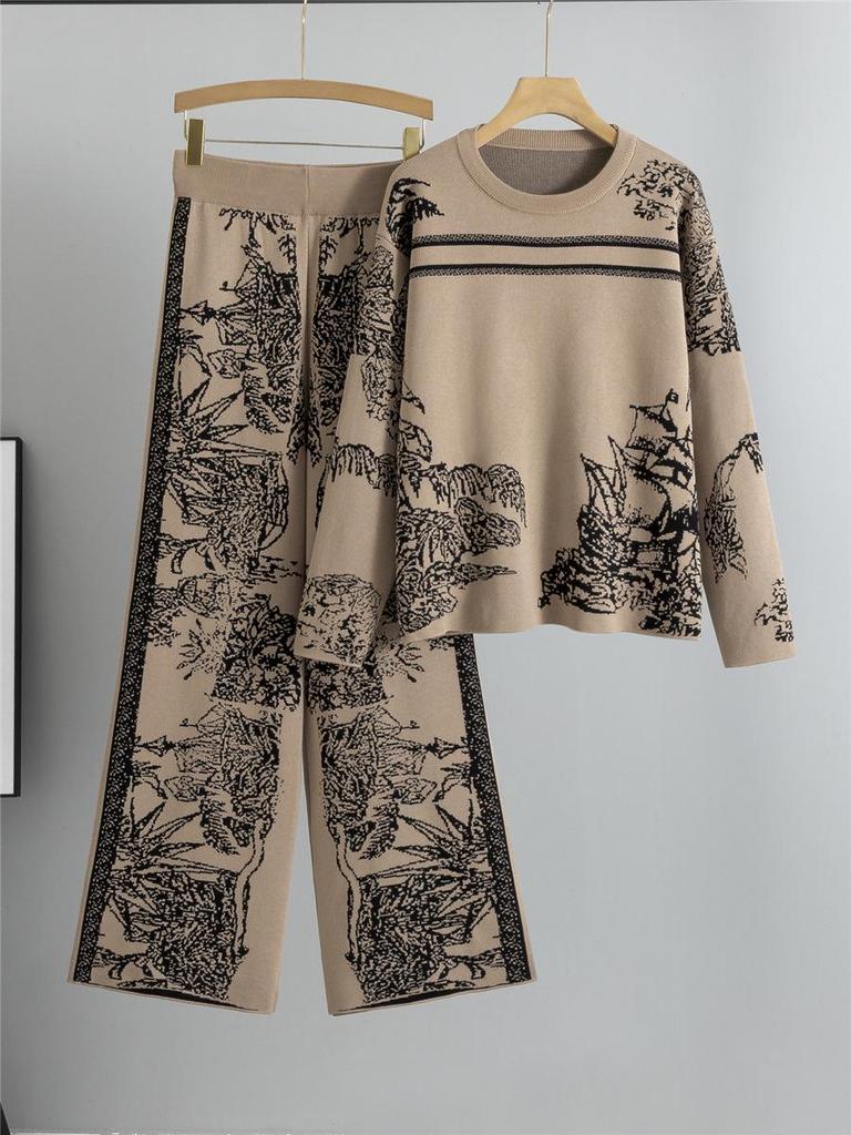 Women's Ink Painting Knit Pullover & Wide-Leg Pants Set - Autumn/Winter Casual Two-Piece